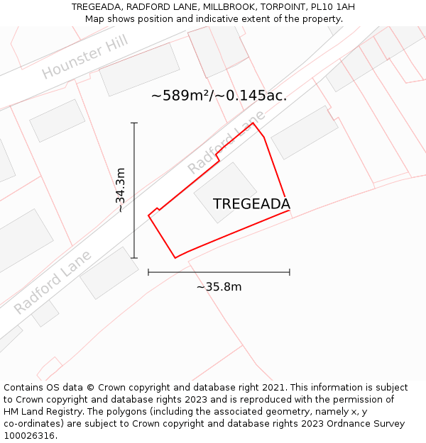 TREGEADA, RADFORD LANE, MILLBROOK, TORPOINT, PL10 1AH: Plot and title map