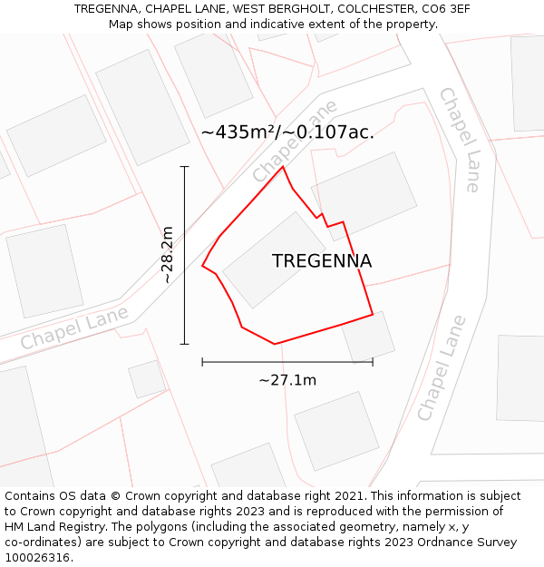 TREGENNA, CHAPEL LANE, WEST BERGHOLT, COLCHESTER, CO6 3EF: Plot and title map