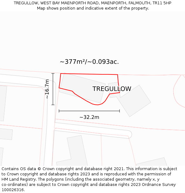 TREGULLOW, WEST BAY MAENPORTH ROAD, MAENPORTH, FALMOUTH, TR11 5HP: Plot and title map