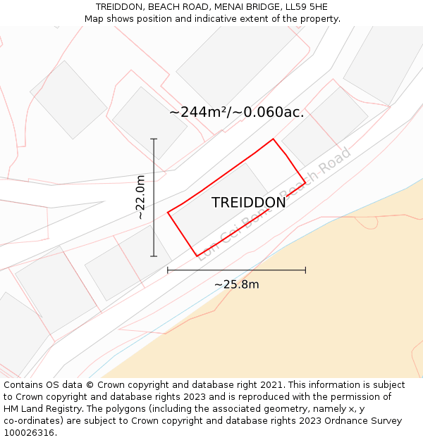 TREIDDON, BEACH ROAD, MENAI BRIDGE, LL59 5HE: Plot and title map