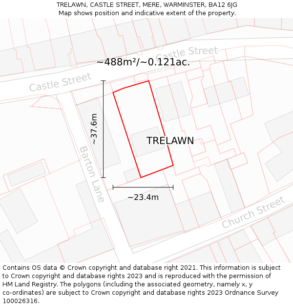 TRELAWN, CASTLE STREET, MERE, WARMINSTER, BA12 6JG: Plot and title map