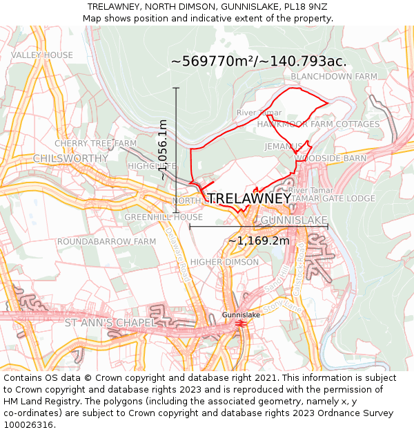 TRELAWNEY, NORTH DIMSON, GUNNISLAKE, PL18 9NZ: Plot and title map