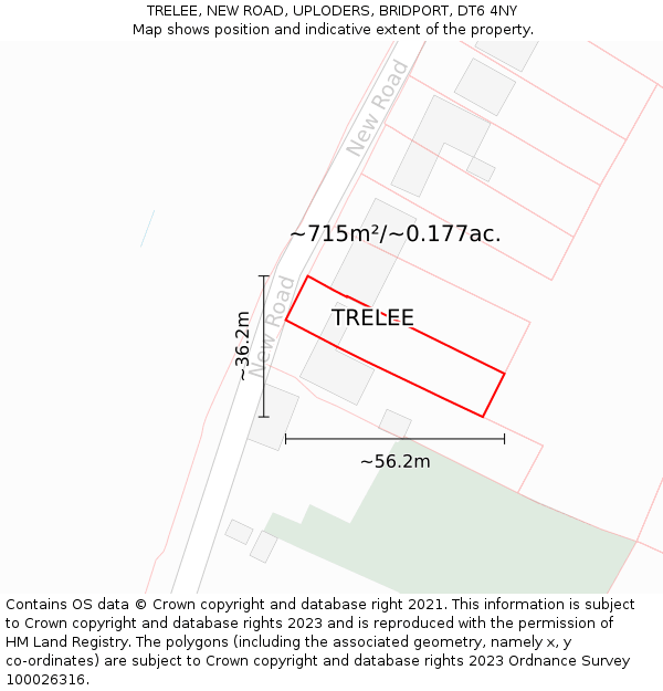 TRELEE, NEW ROAD, UPLODERS, BRIDPORT, DT6 4NY: Plot and title map
