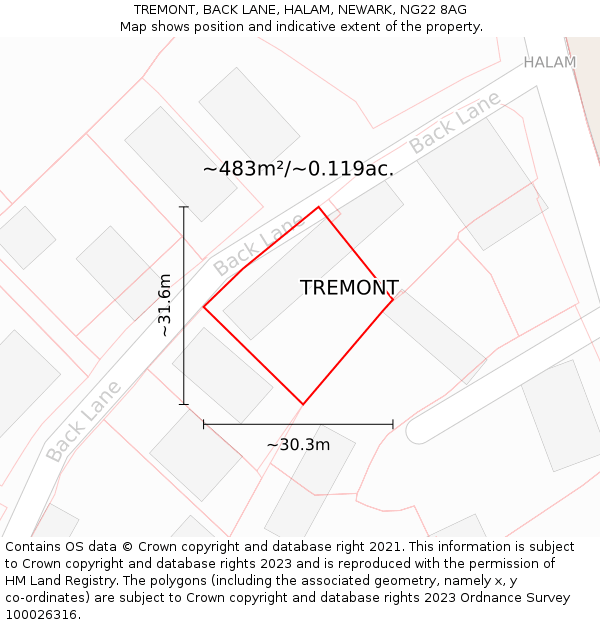 TREMONT, BACK LANE, HALAM, NEWARK, NG22 8AG: Plot and title map