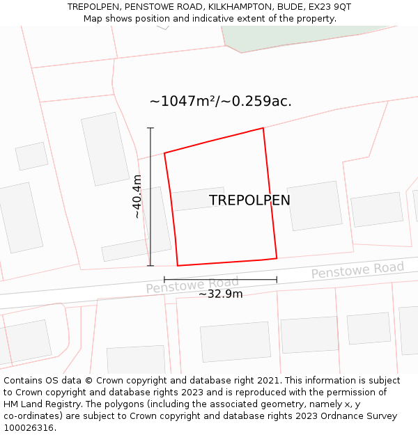 TREPOLPEN, PENSTOWE ROAD, KILKHAMPTON, BUDE, EX23 9QT: Plot and title map