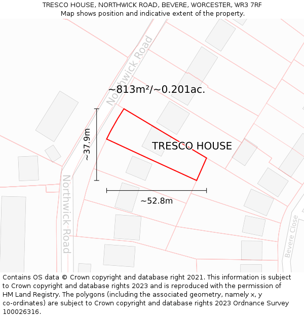 TRESCO HOUSE, NORTHWICK ROAD, BEVERE, WORCESTER, WR3 7RF: Plot and title map