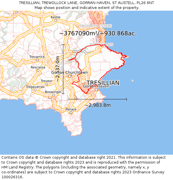 TRESILLIAN, TREWOLLOCK LANE, GORRAN HAVEN, ST AUSTELL, PL26 6NT: Plot and title map