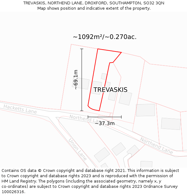 TREVASKIS, NORTHEND LANE, DROXFORD, SOUTHAMPTON, SO32 3QN: Plot and title map