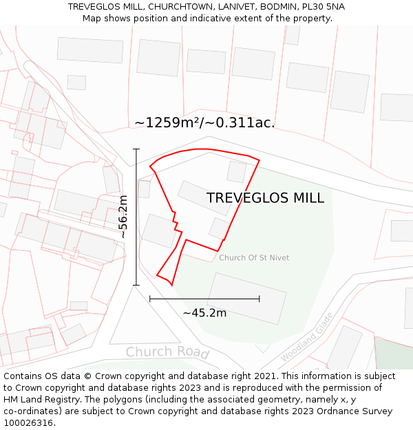 TREVEGLOS MILL, CHURCHTOWN, LANIVET, BODMIN, PL30 5NA: Plot and title map