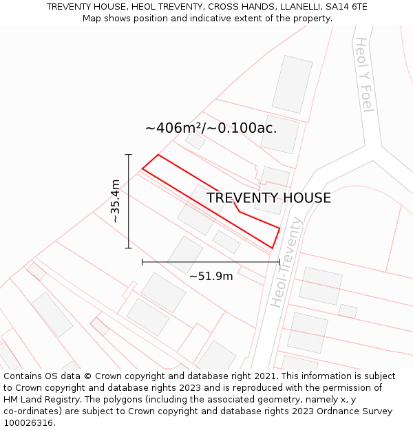 TREVENTY HOUSE, HEOL TREVENTY, CROSS HANDS, LLANELLI, SA14 6TE: Plot and title map