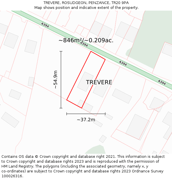 TREVERE, ROSUDGEON, PENZANCE, TR20 9PA: Plot and title map