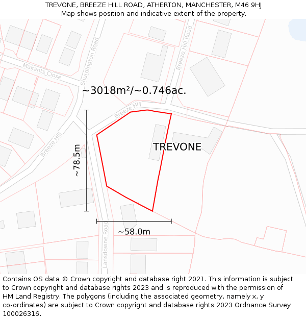 TREVONE, BREEZE HILL ROAD, ATHERTON, MANCHESTER, M46 9HJ: Plot and title map
