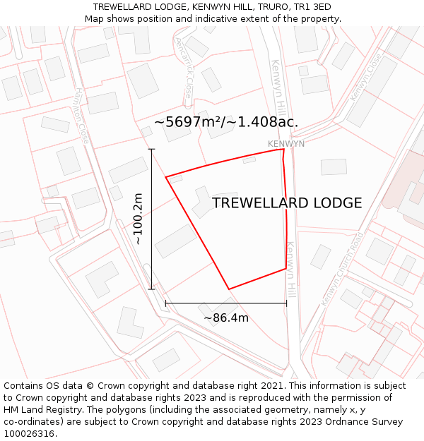 TREWELLARD LODGE, KENWYN HILL, TRURO, TR1 3ED: Plot and title map