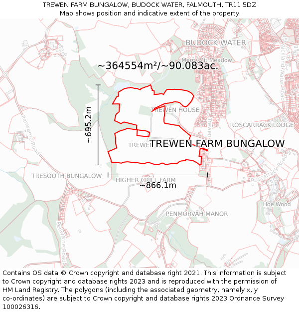 TREWEN FARM BUNGALOW, BUDOCK WATER, FALMOUTH, TR11 5DZ: Plot and title map