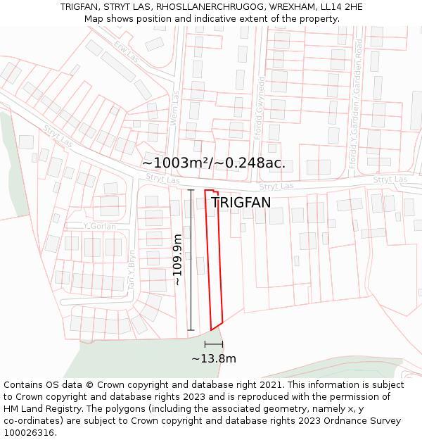 TRIGFAN, STRYT LAS, RHOSLLANERCHRUGOG, WREXHAM, LL14 2HE: Plot and title map