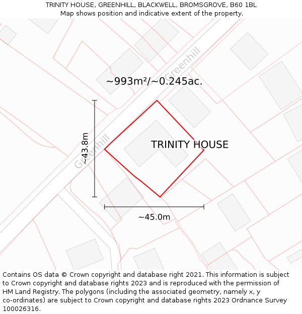 TRINITY HOUSE, GREENHILL, BLACKWELL, BROMSGROVE, B60 1BL: Plot and title map