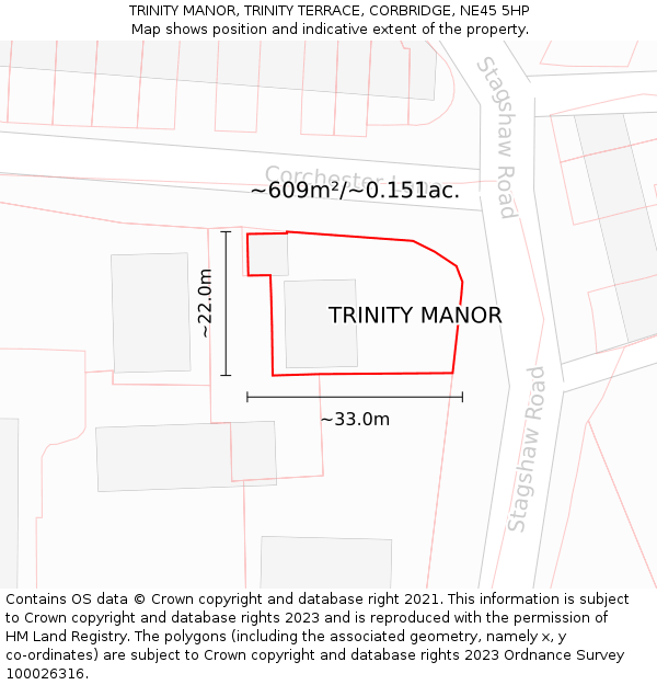 TRINITY MANOR, TRINITY TERRACE, CORBRIDGE, NE45 5HP: Plot and title map