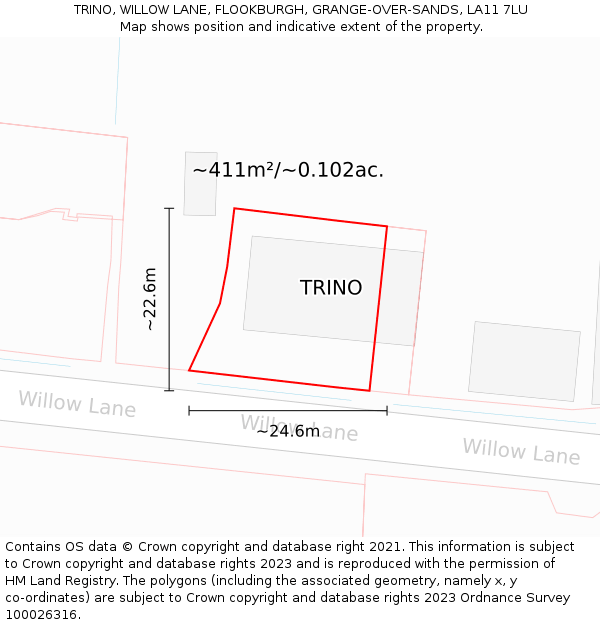 TRINO, WILLOW LANE, FLOOKBURGH, GRANGE-OVER-SANDS, LA11 7LU: Plot and title map