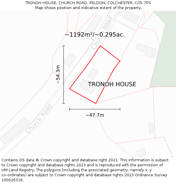 TRONOH HOUSE, CHURCH ROAD, PELDON, COLCHESTER, CO5 7PS: Plot and title map