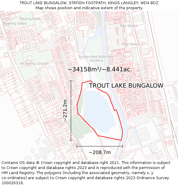 TROUT LAKE BUNGALOW, STATION FOOTPATH, KINGS LANGLEY, WD4 8DZ: Plot and title map