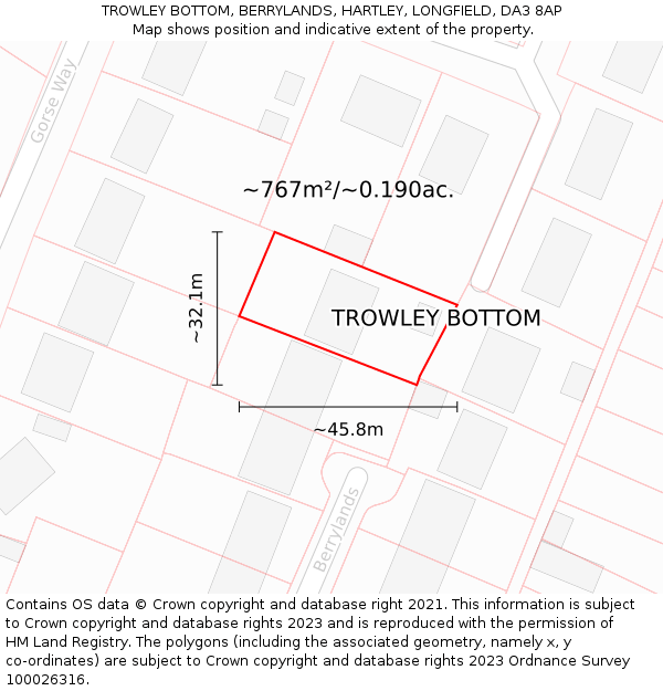 TROWLEY BOTTOM, BERRYLANDS, HARTLEY, LONGFIELD, DA3 8AP: Plot and title map