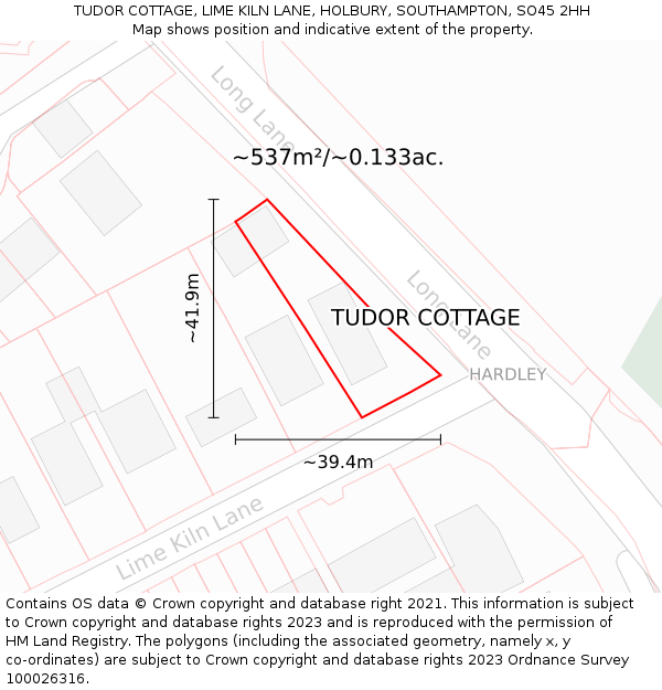 TUDOR COTTAGE, LIME KILN LANE, HOLBURY, SOUTHAMPTON, SO45 2HH: Plot and title map