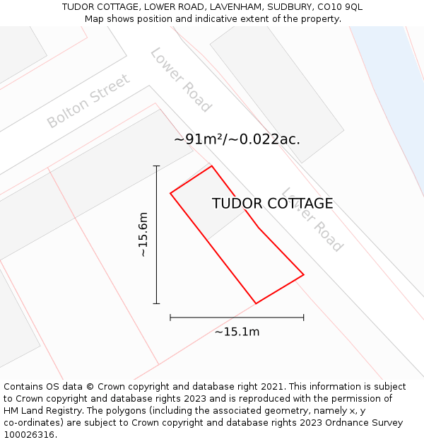 TUDOR COTTAGE, LOWER ROAD, LAVENHAM, SUDBURY, CO10 9QL: Plot and title map