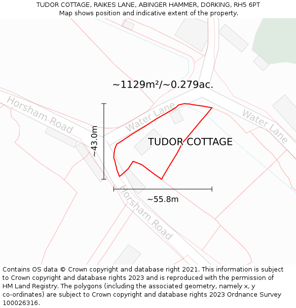 TUDOR COTTAGE, RAIKES LANE, ABINGER HAMMER, DORKING, RH5 6PT: Plot and title map