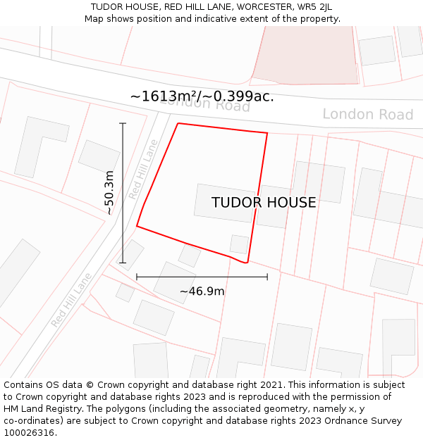 TUDOR HOUSE, RED HILL LANE, WORCESTER, WR5 2JL: Plot and title map