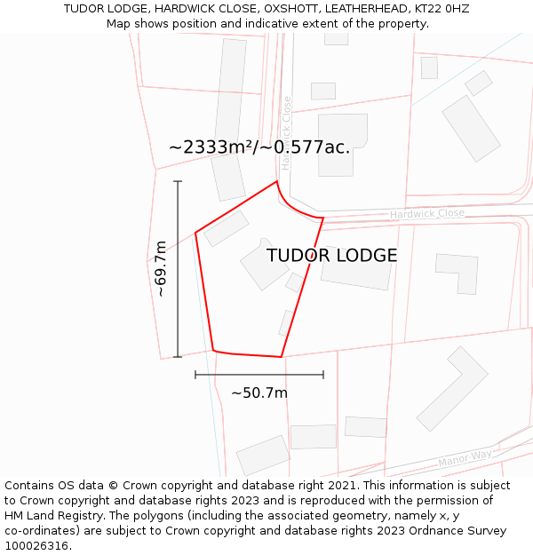 TUDOR LODGE, HARDWICK CLOSE, OXSHOTT, LEATHERHEAD, KT22 0HZ: Plot and title map