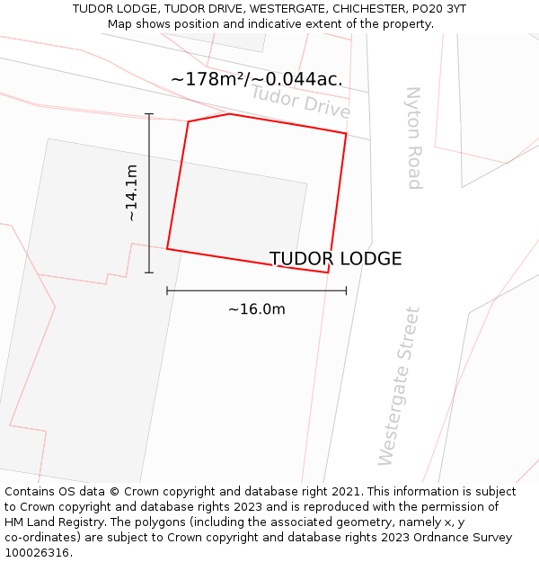 TUDOR LODGE, TUDOR DRIVE, WESTERGATE, CHICHESTER, PO20 3YT: Plot and title map