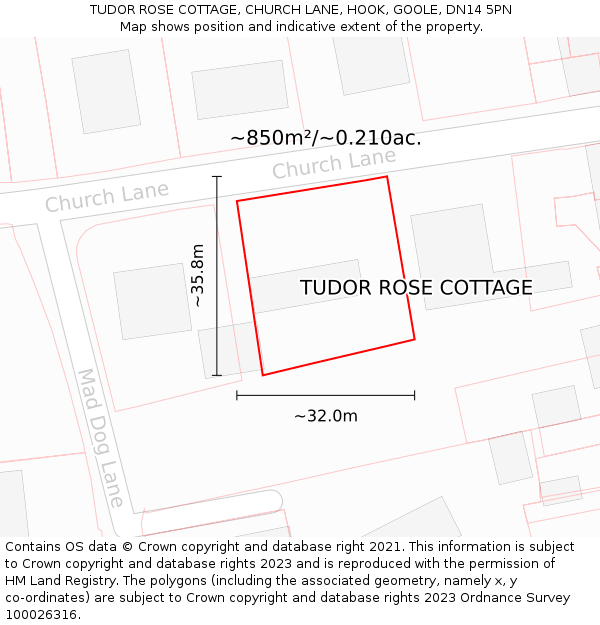 TUDOR ROSE COTTAGE, CHURCH LANE, HOOK, GOOLE, DN14 5PN: Plot and title map