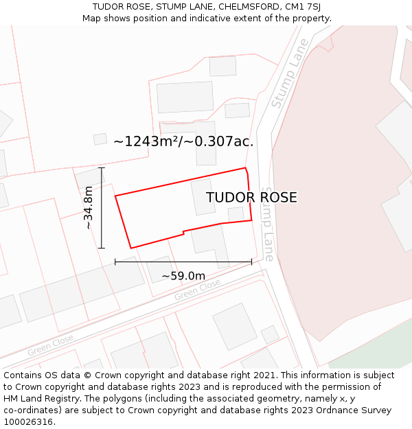 TUDOR ROSE, STUMP LANE, CHELMSFORD, CM1 7SJ: Plot and title map