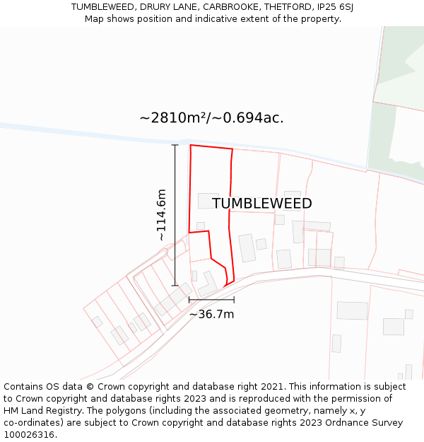 TUMBLEWEED, DRURY LANE, CARBROOKE, THETFORD, IP25 6SJ: Plot and title map