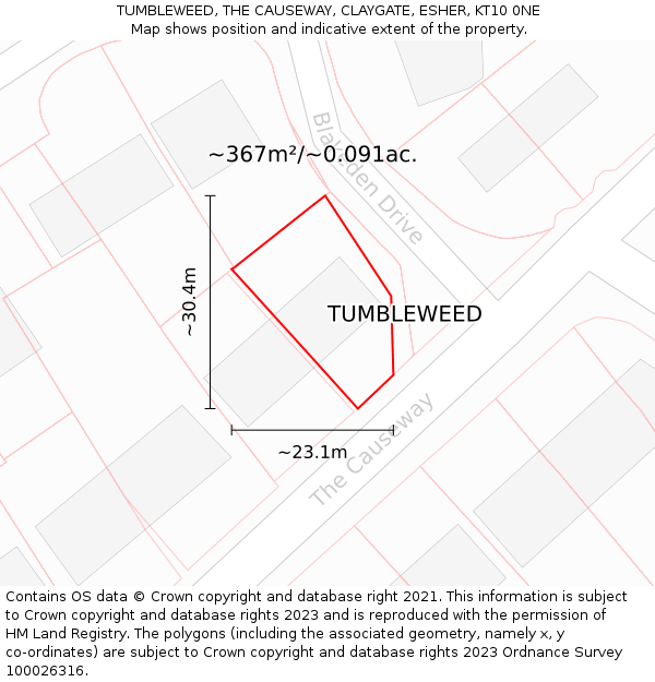 TUMBLEWEED, THE CAUSEWAY, CLAYGATE, ESHER, KT10 0NE: Plot and title map