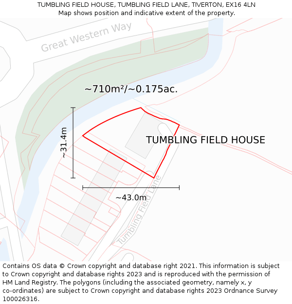 TUMBLING FIELD HOUSE, TUMBLING FIELD LANE, TIVERTON, EX16 4LN: Plot and title map