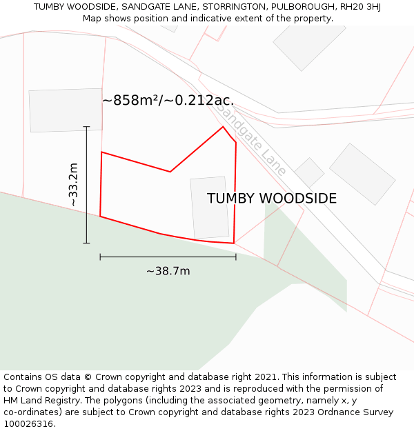 TUMBY WOODSIDE, SANDGATE LANE, STORRINGTON, PULBOROUGH, RH20 3HJ: Plot and title map