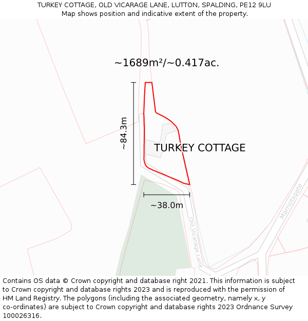 TURKEY COTTAGE, OLD VICARAGE LANE, LUTTON, SPALDING, PE12 9LU: Plot and title map