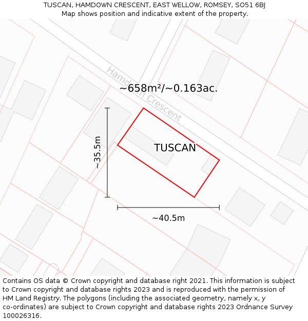 TUSCAN, HAMDOWN CRESCENT, EAST WELLOW, ROMSEY, SO51 6BJ: Plot and title map