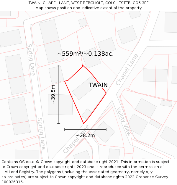 TWAIN, CHAPEL LANE, WEST BERGHOLT, COLCHESTER, CO6 3EF: Plot and title map