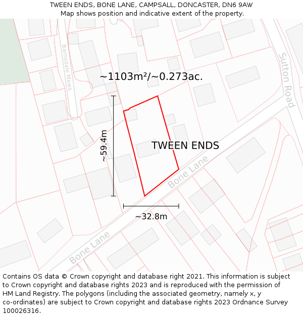 TWEEN ENDS, BONE LANE, CAMPSALL, DONCASTER, DN6 9AW: Plot and title map