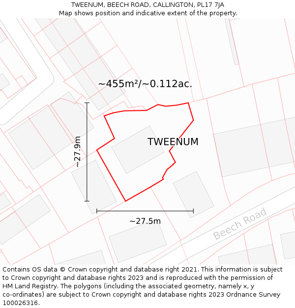 TWEENUM, BEECH ROAD, CALLINGTON, PL17 7JA: Plot and title map