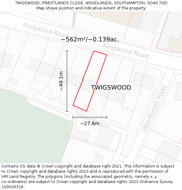 TWIGSWOOD, PRIESTLANDS CLOSE, WOODLANDS, SOUTHAMPTON, SO40 7GD: Plot and title map