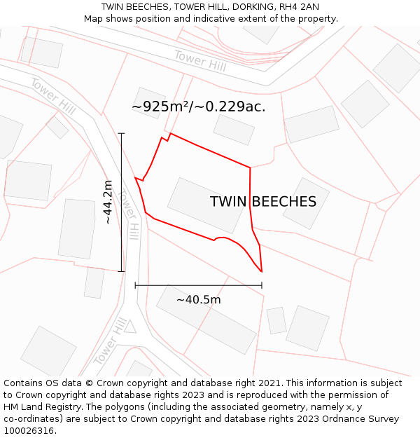 TWIN BEECHES, TOWER HILL, DORKING, RH4 2AN: Plot and title map