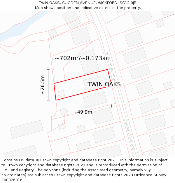 TWIN OAKS, SUGDEN AVENUE, WICKFORD, SS12 0JB: Plot and title map