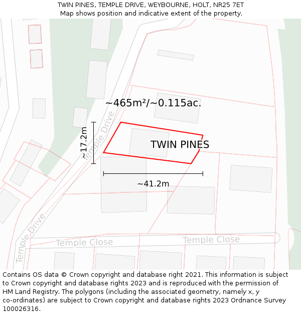 TWIN PINES, TEMPLE DRIVE, WEYBOURNE, HOLT, NR25 7ET: Plot and title map