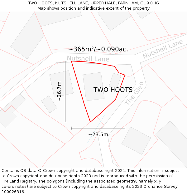 TWO HOOTS, NUTSHELL LANE, UPPER HALE, FARNHAM, GU9 0HG: Plot and title map