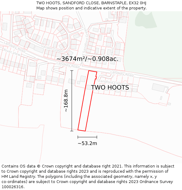 TWO HOOTS, SANDFORD CLOSE, BARNSTAPLE, EX32 0HJ: Plot and title map