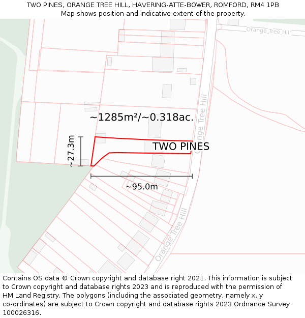 TWO PINES, ORANGE TREE HILL, HAVERING-ATTE-BOWER, ROMFORD, RM4 1PB: Plot and title map