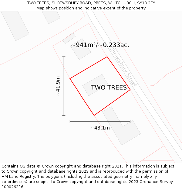 TWO TREES, SHREWSBURY ROAD, PREES, WHITCHURCH, SY13 2EY: Plot and title map